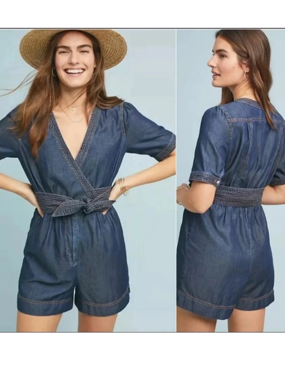 Anthropologie Pilcro Chambray Top in Dark Blue with Tan Stitching